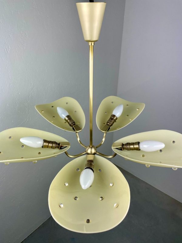 echt Vintage 1950s brass chandelier 5light - mid century ceiling lamp - Holywood Regency palm leaf Sputnik lighting echtvintage