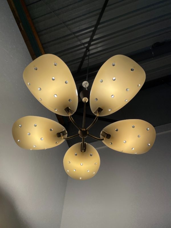 echt Vintage 1950s brass chandelier 5light - mid century ceiling lamp - Holywood Regency palm leaf Sputnik lighting echtvintage