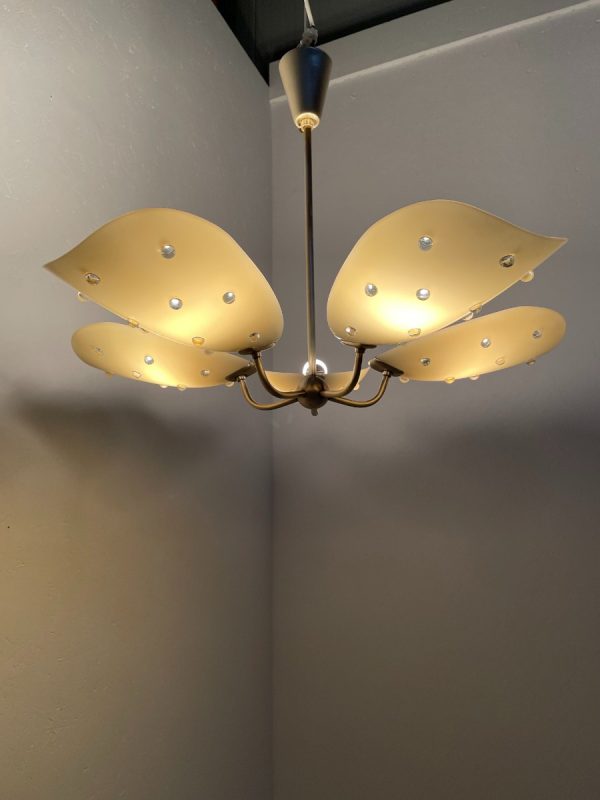 echt Vintage 1950s brass chandelier 5light - mid century ceiling lamp - Holywood Regency palm leaf Sputnik lighting echtvintage
