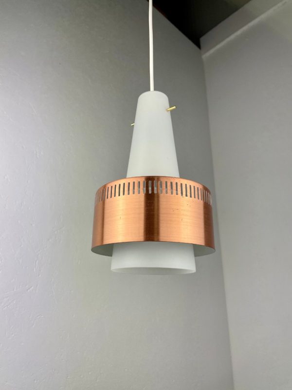 Vintage 1960s Scandinavian hanging lamp - opaline glass with copper ring light - mid century classic lighting echtvintage echt susteren