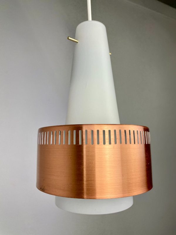 Vintage 1960s Scandinavian hanging lamp - opaline glass with copper ring light - mid century classic lighting echtvintage echt susteren