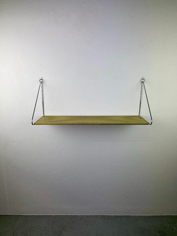 echt Vintage perforated metal wall shelf - 60s yellow wall rack - Mathieu Mategot - industrial mcm design - man cave shelve echtvintage