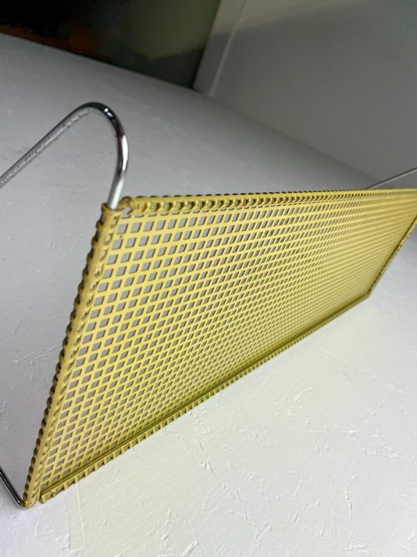 echt Vintage perforated metal wall shelf - 60s yellow wall rack - Mathieu Mategot - industrial mcm design - man cave shelve echtvintage