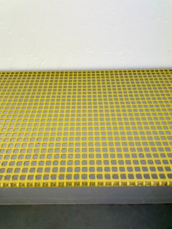 echt Vintage perforated metal wall shelf - 60s yellow wall rack - Mathieu Mategot - industrial mcm design - man cave shelve echtvintage