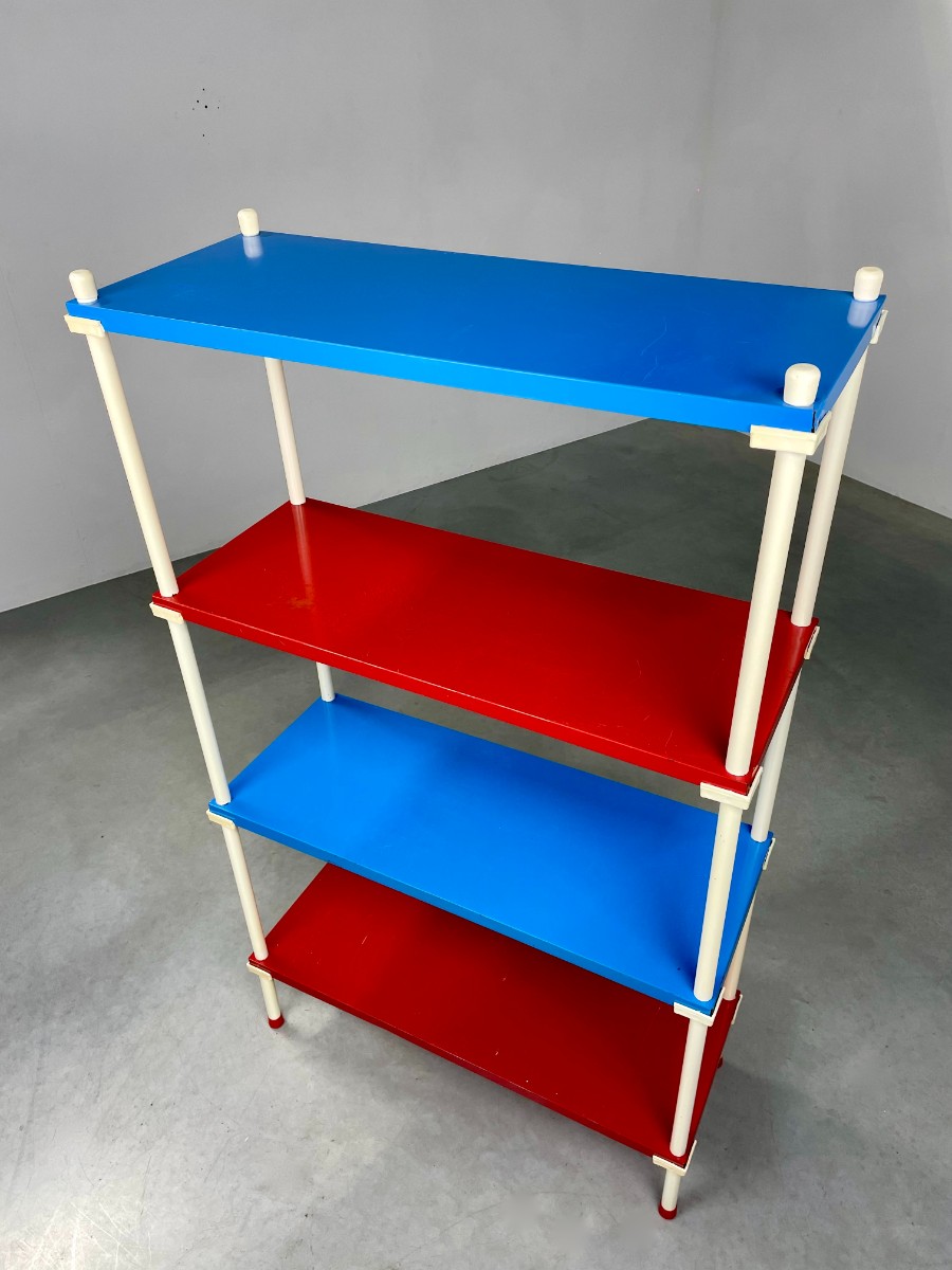 echtvintage metal shelf cabinet - 1970s colorful stick cabinet - rare shelf cupboard - retro red blue white standing rack vintage echt