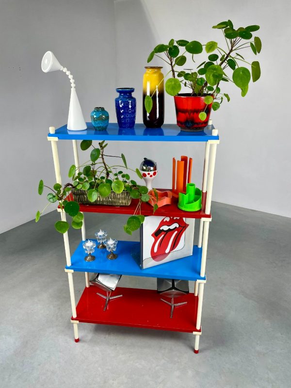 echtvintage metal shelf cabinet - 1970s colorful stick cabinet - rare shelf cupboard - retro red blue white standing rack vintage echt