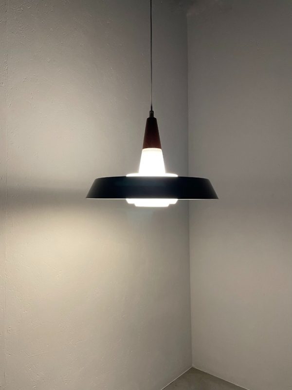 Voss Belysning pendant lamp - Danish design - vintage 1960s lighting - mid century modern - opal glass metal wood light