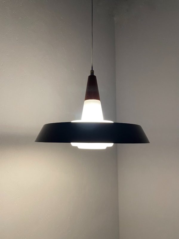 Voss Belysning pendant lamp - Danish design - vintage 1960s lighting - mid century modern - opal glass metal wood light