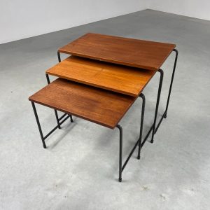 Mid-century side table set of 3 - vintage 1950s Dutch design mimi set - metal wood veneer