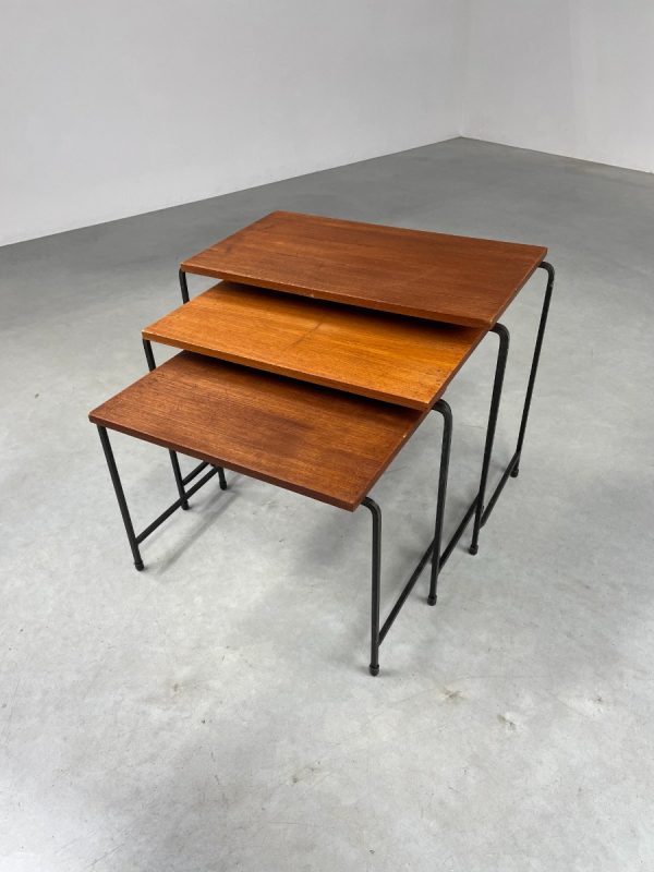 Mid-century side table set of 3 - vintage 1950s Dutch design mimi set - metal wood veneer