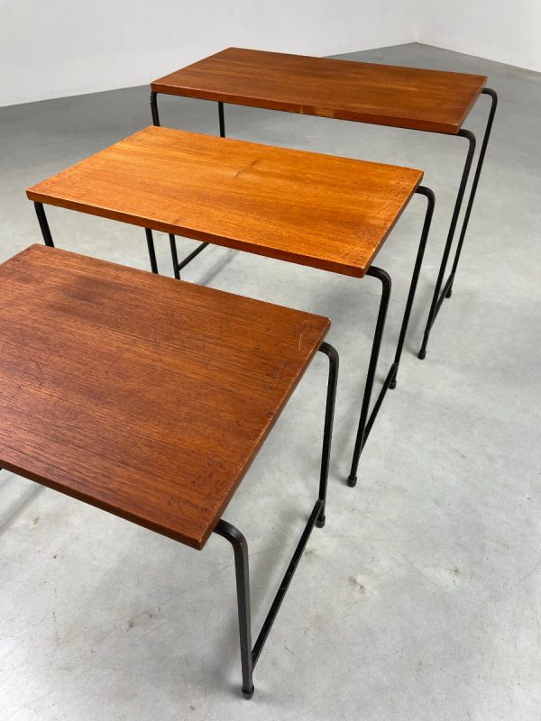 Mid-century side table set of 3 - vintage 1950s Dutch design mimi set - metal wood veneer