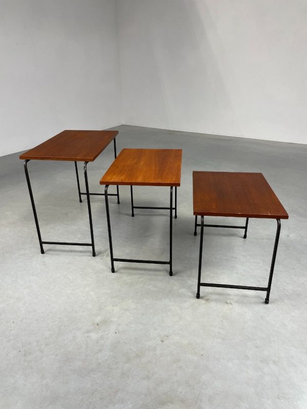 Mid-century side table set of 3 - vintage 1950s Dutch design mimi set - metal wood veneer
