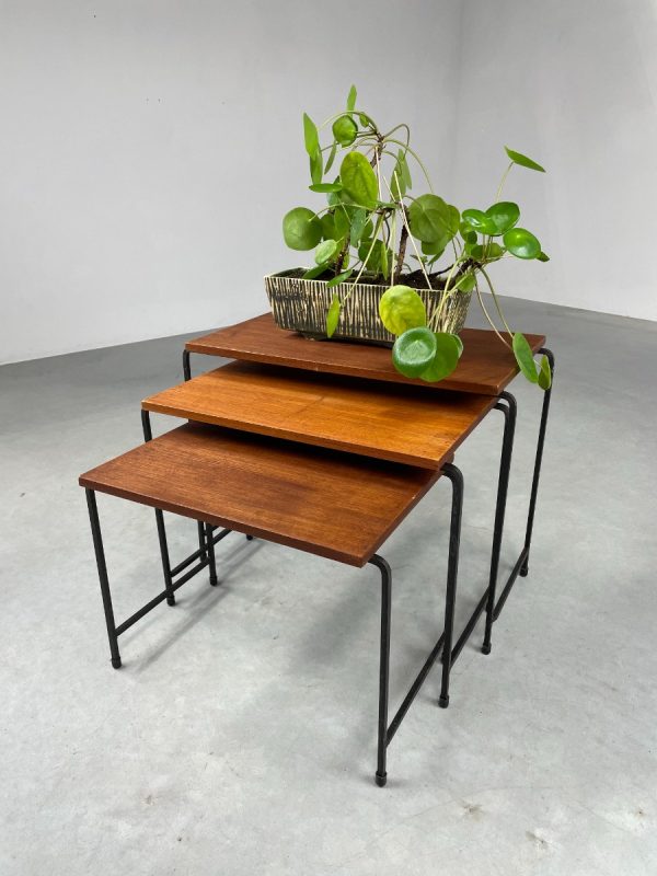 Mid-century side table set of 3 - vintage 1950s Dutch design mimi set - metal wood veneer
