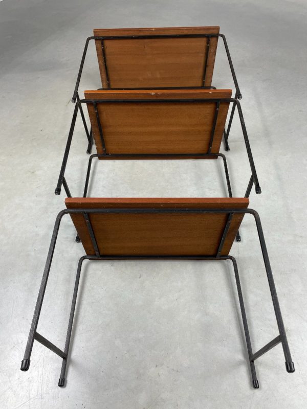 Mid-century side table set of 3 - vintage 1950s Dutch design mimi set - metal wood veneer