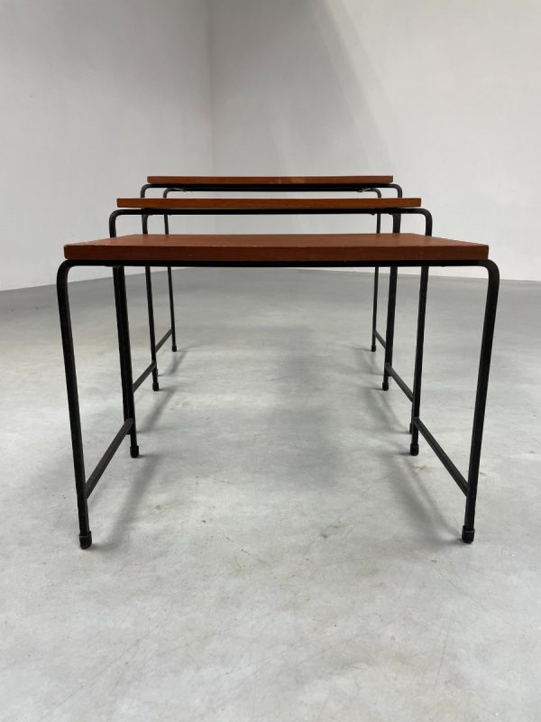 Mid-century side table set of 3 - vintage 1950s Dutch design mimi set - metal wood veneer