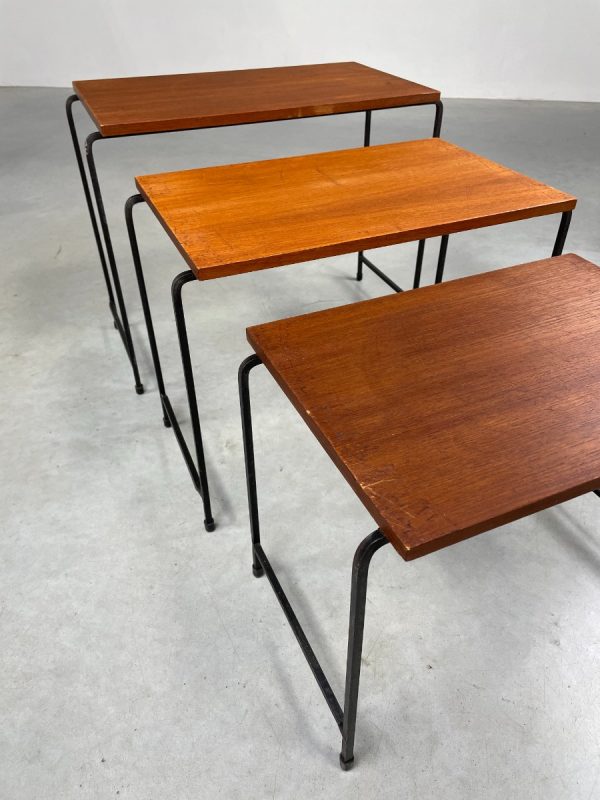 Mid-century side table set of 3 - vintage 1950s Dutch design mimi set - metal wood veneer