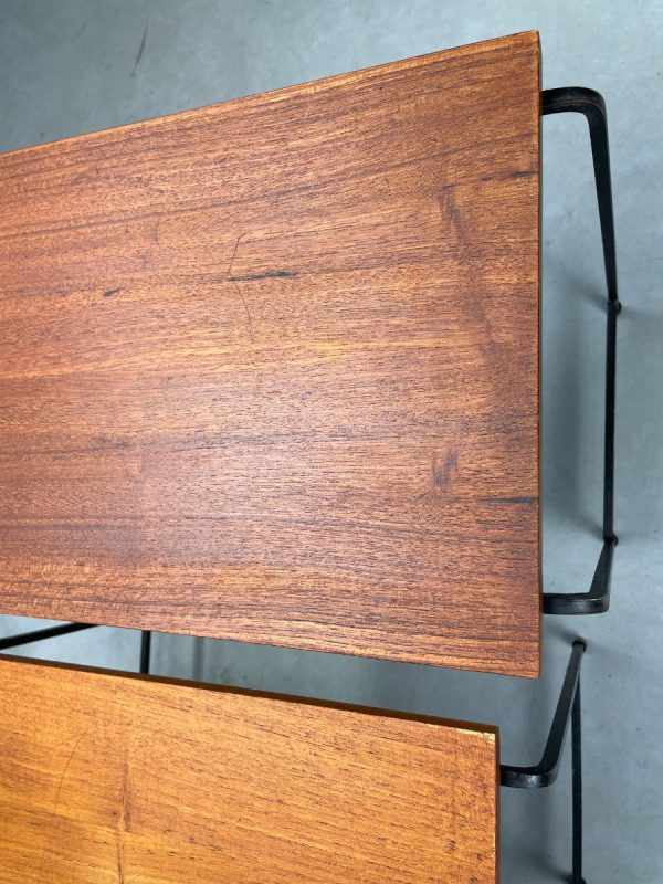 Mid-century side table set of 3 - vintage 1950s Dutch design mimi set - metal wood veneer