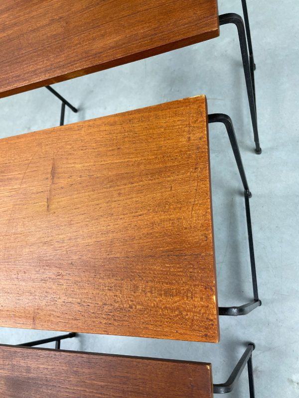 Mid-century side table set of 3 - vintage 1950s Dutch design mimi set - metal wood veneer