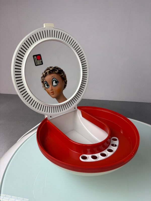 Space age table mirror with storage box from Flair - Dutch Design - Make up mirror - Mirror with lighting - Modern 1970s orange white echt vintage