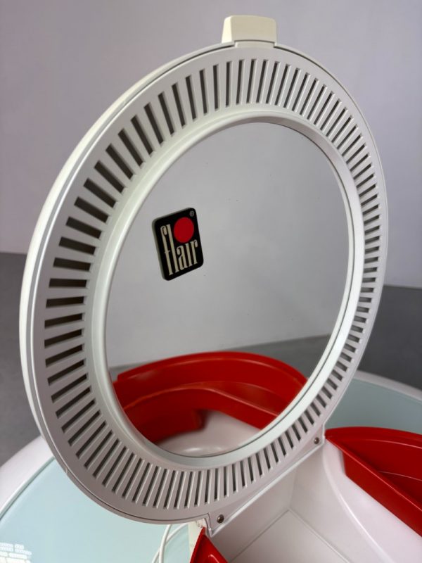 Space age table mirror with storage box from Flair - Dutch Design - Make up mirror - Mirror with lighting - Modern 1970s orange white echt vinta